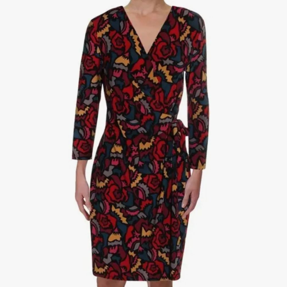 Anne Klein Long Sleeve Patterned Dress Stretch Faux Wrap Red Black - Size 4/S
